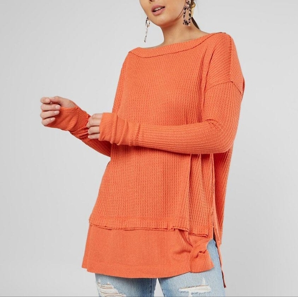 Free People We the Free North Shore Thermal Tunic Top Coral Orange Waffle - Picture 1 of 11